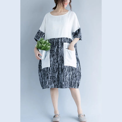 Baggy White Cotton Shift Dress Oversize Dress Patchwork O Neck Short Sleeve Cotton Dress