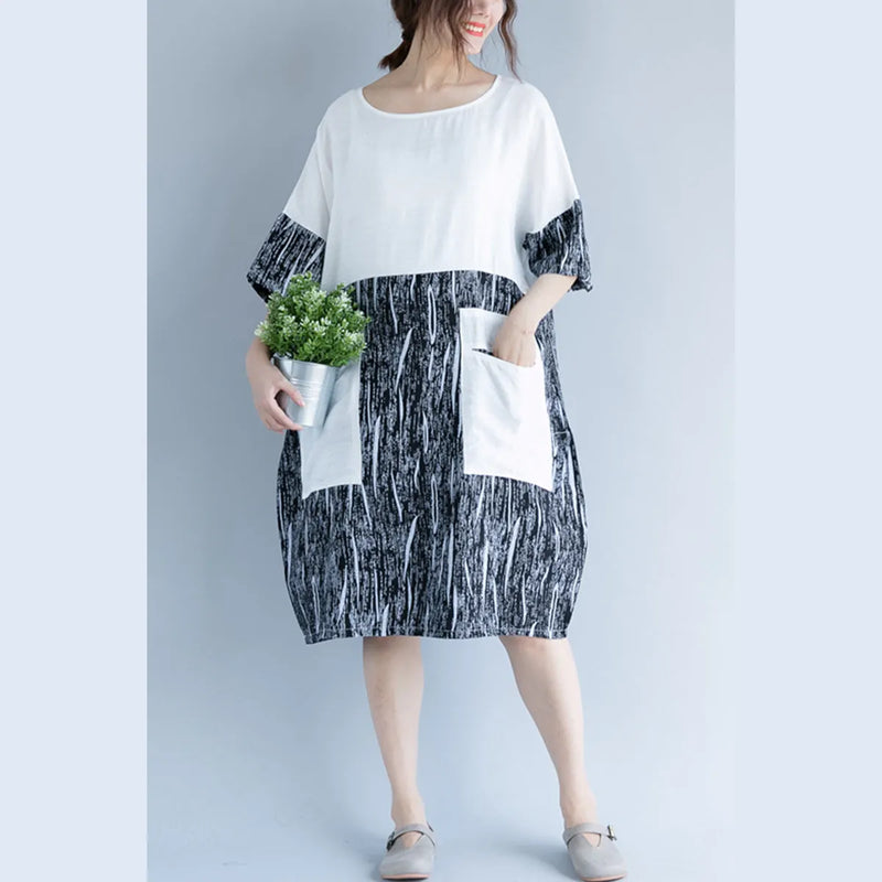 Baggy White Cotton Shift Dress Oversize Dress Patchwork O Neck Short Sleeve Cotton Dress