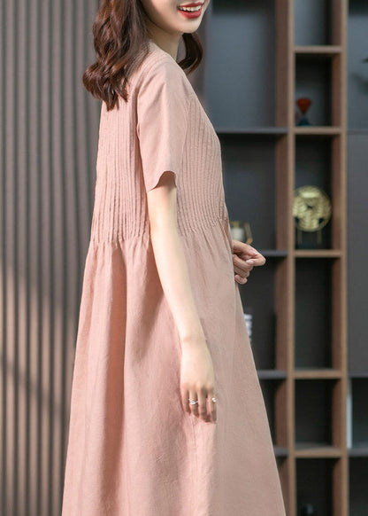 Pink O-neck Pockets Linen Long Dress Short Sleeve