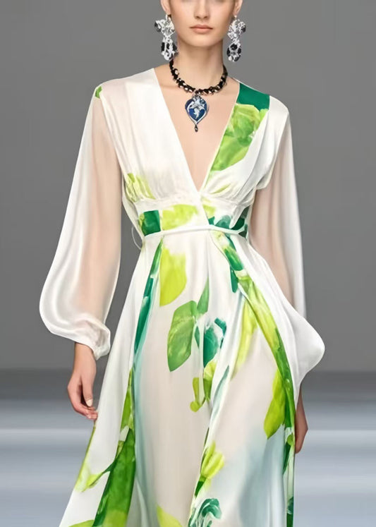 White Print Exra Large Hem Silk Robe Dresses Spring