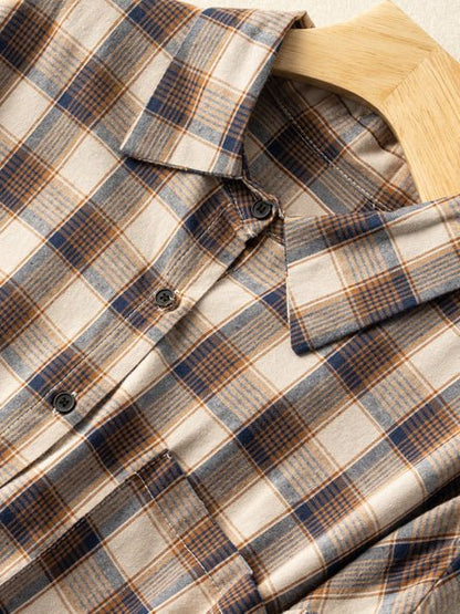 100% Natural Fabric Loose Mid Length Plaid Shirt