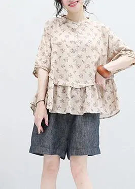 Stand Collar Nude Prints Linen Top Silhouette Design Half Sleeve Blouses Summer