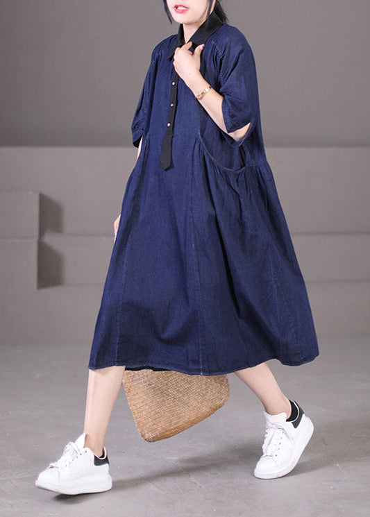 Blue Peter Pan Collar Patchwork Wrinkled Cotton Vacation Denim Dresses Short Sleeve