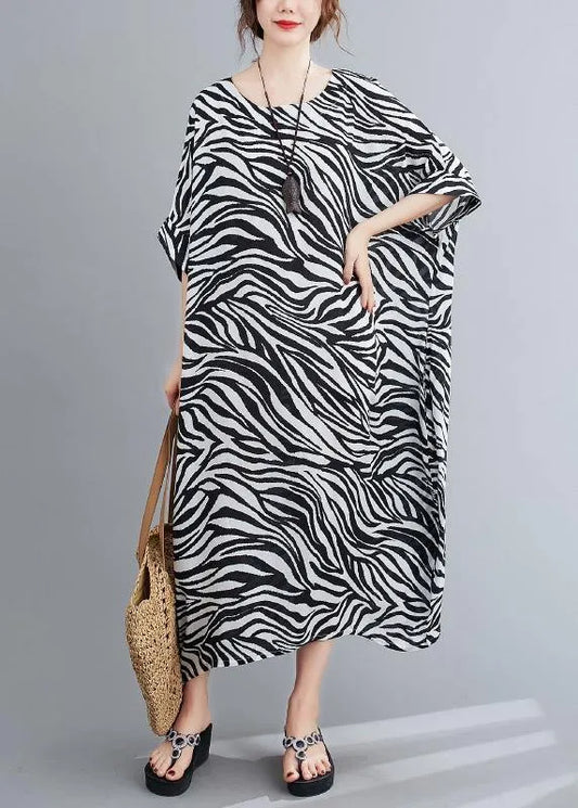 Handmade Striped Dresses O Neck Batwing Sleeve Loose Summer Dress