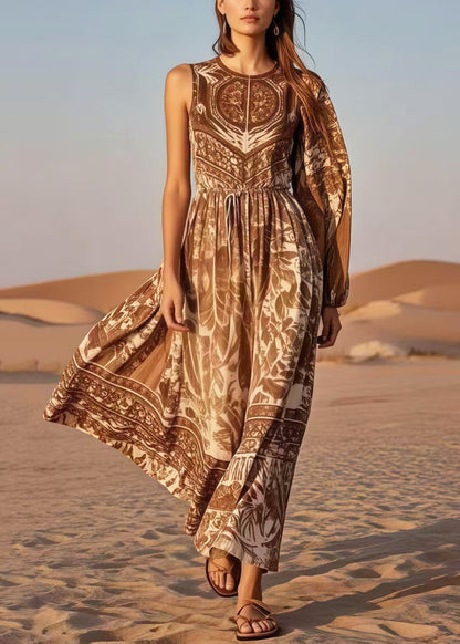 Brown Print Cotton Cinched Dress Asymmetrical Sleeveless