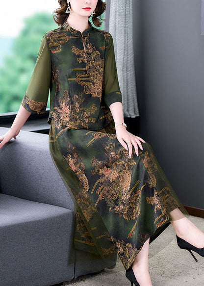 Retro Green Stand Collar Print Tops and Skirts Patchwork Silk Two Piece Set Summer