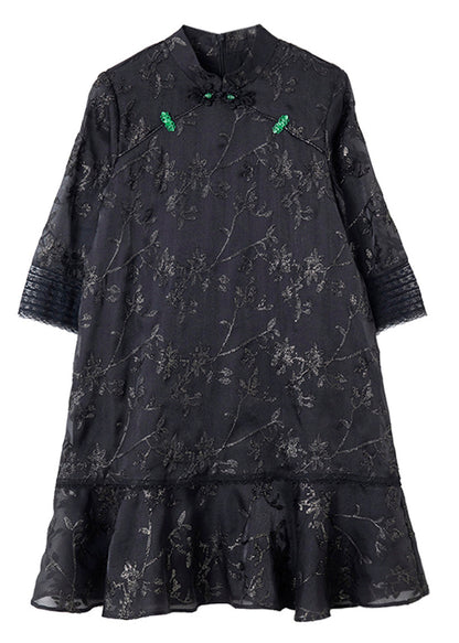 Jacquard Black Stand Collar Patchwork Tulle Mid Dress Half Sleeve