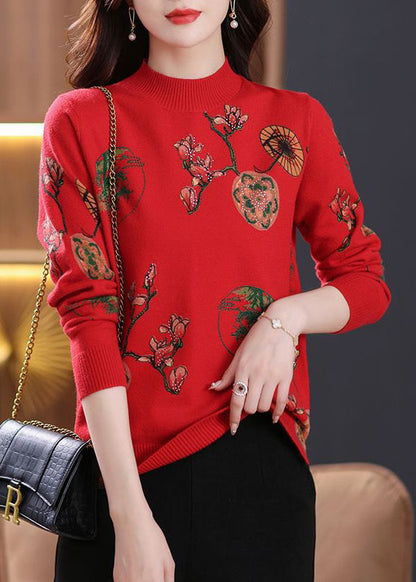 Red Print Cozy Wool Knit Top O-neck Long Sleeve