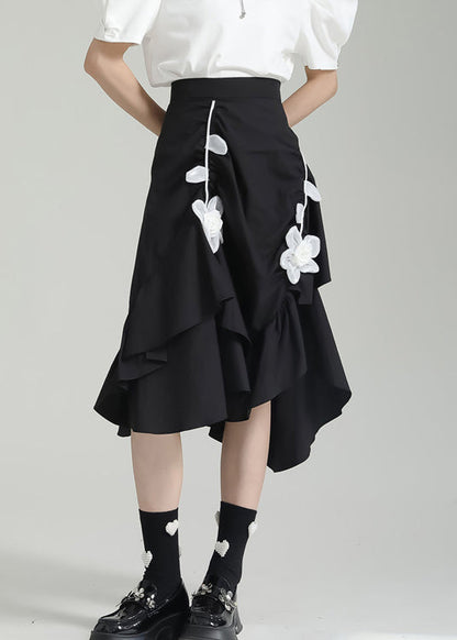 Black Wrinkled Asymmetrical Patchwork Cotton Skirt Fall
