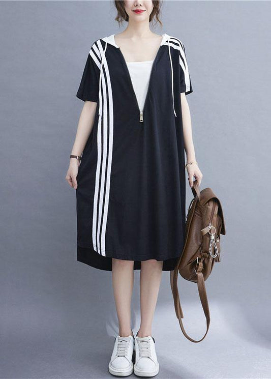 French Black Patchwork Striped Low High Design Ankle Dress Summer