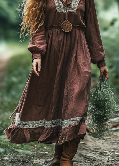 Coffee V Neck Patchwork Cotton Long Dress Spring
