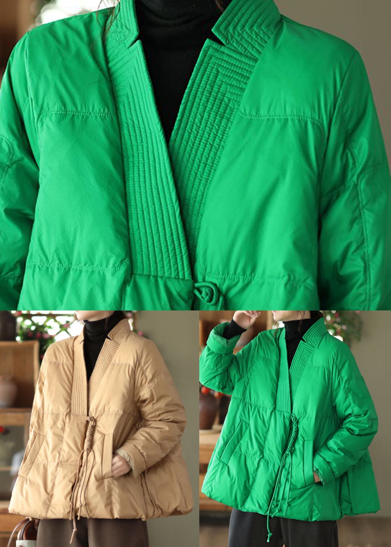 Khaki Duck Down Winter Coats V Neck Oriental Button Winter