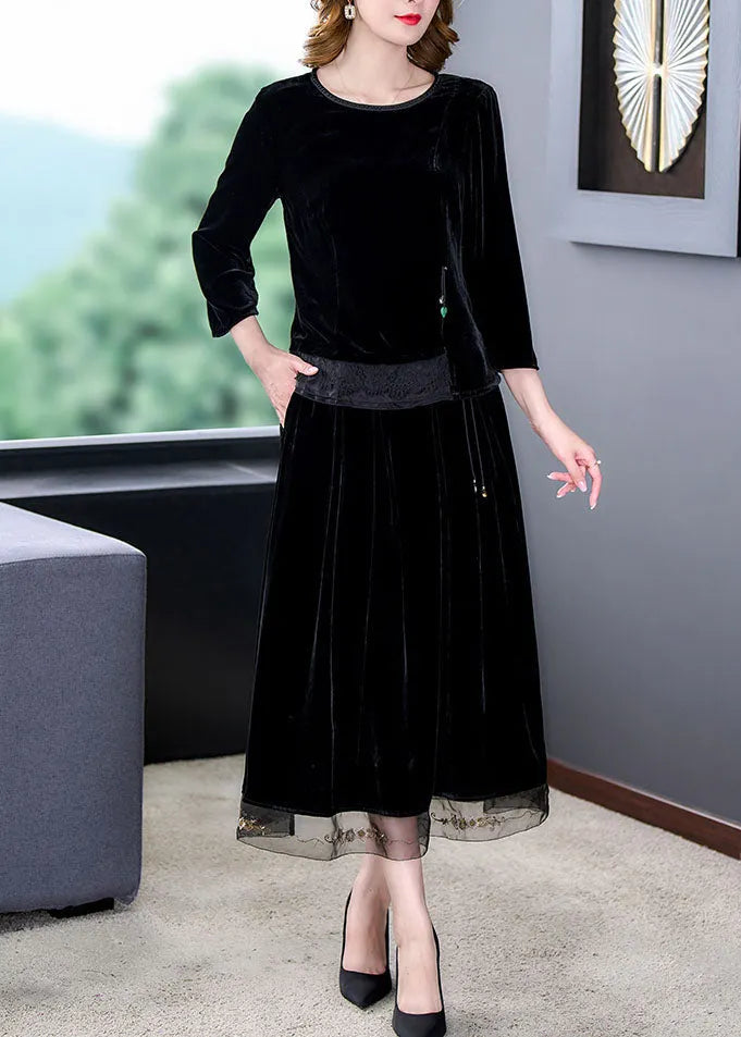 Art Black O-neck Tulle Patchwork Silk Velour Top and Maxi Skirts Two Pieces Set Long Sleeve