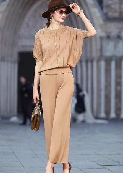 Khaki O Neck Tops and Pants Knit Two Pieces Set Spring