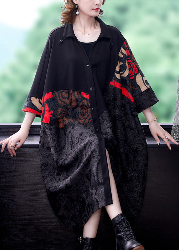 Black Print Button Patchwork Cotton Long Coats Fall