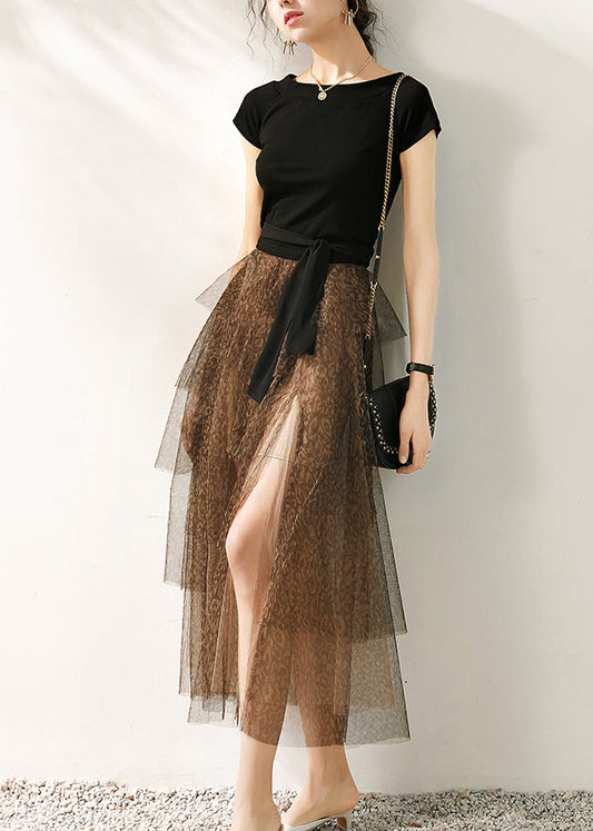 Vogue Black O-neck T Shirts and Tulle Maxi Skirts Two Pieces Set Summer