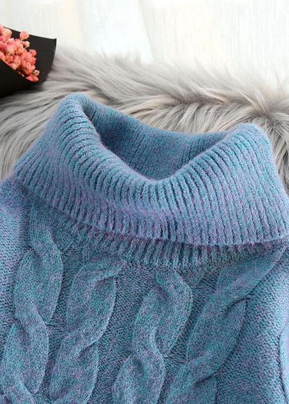 Chunky Blue Knit Tops Cable High Neck Knitwear
