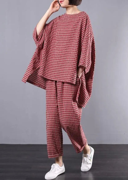 Cotton Linen Red Plaid Blouse and Pants Two Pieces Set(limited Stock)