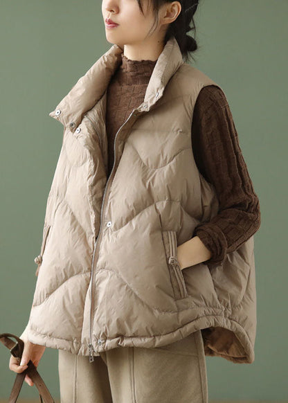 Khaki Stand Collar Oversized Duck Down Puffer Vests Winter