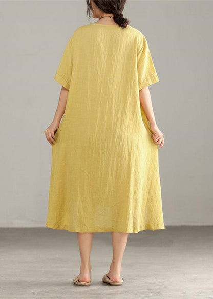 Italian Linen Cotton Dresses Printing Irregular Short Sleeve Yellow Dress