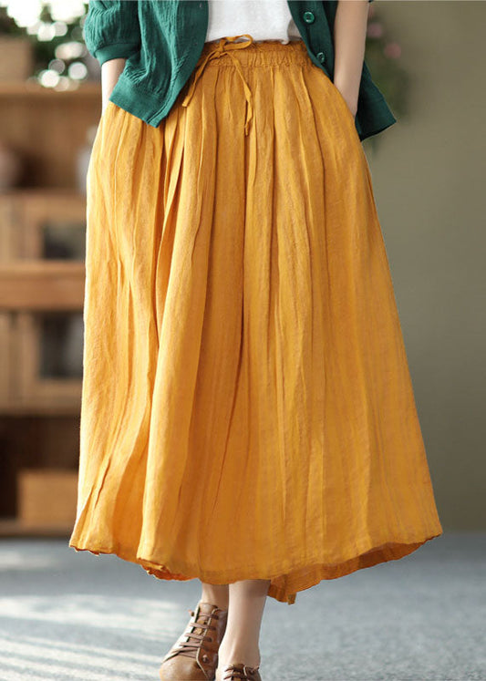 Yellow Elastic Waist Wrinkled Linen Skirt Summer