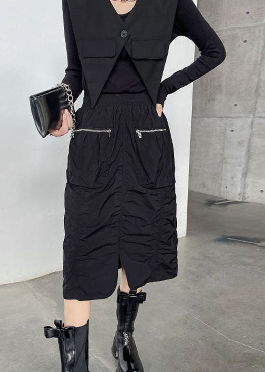 Classy Black Wrinkled Zippered Pockets Fall Skirts