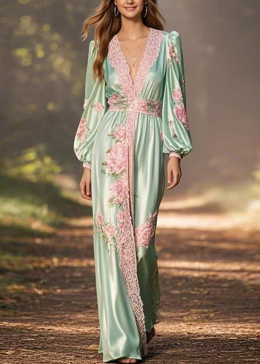 Green V Neck Print High Waist Silk Long Dress Spring
