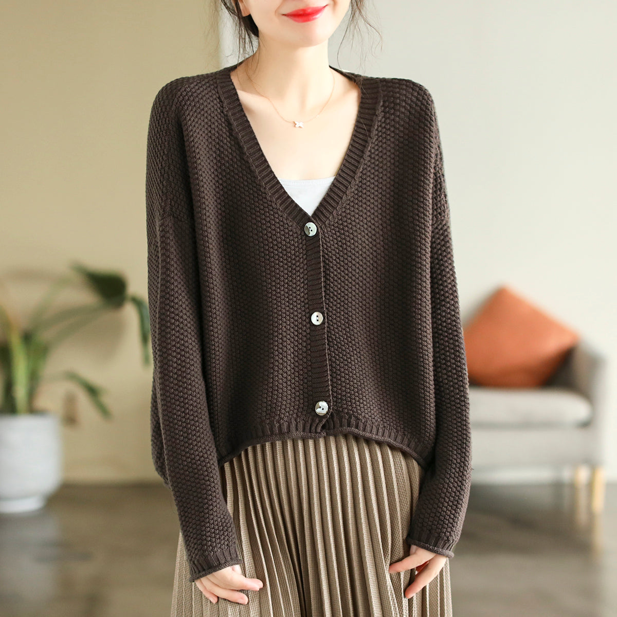 Autumn V-neck Cotton Knitted Cardigan