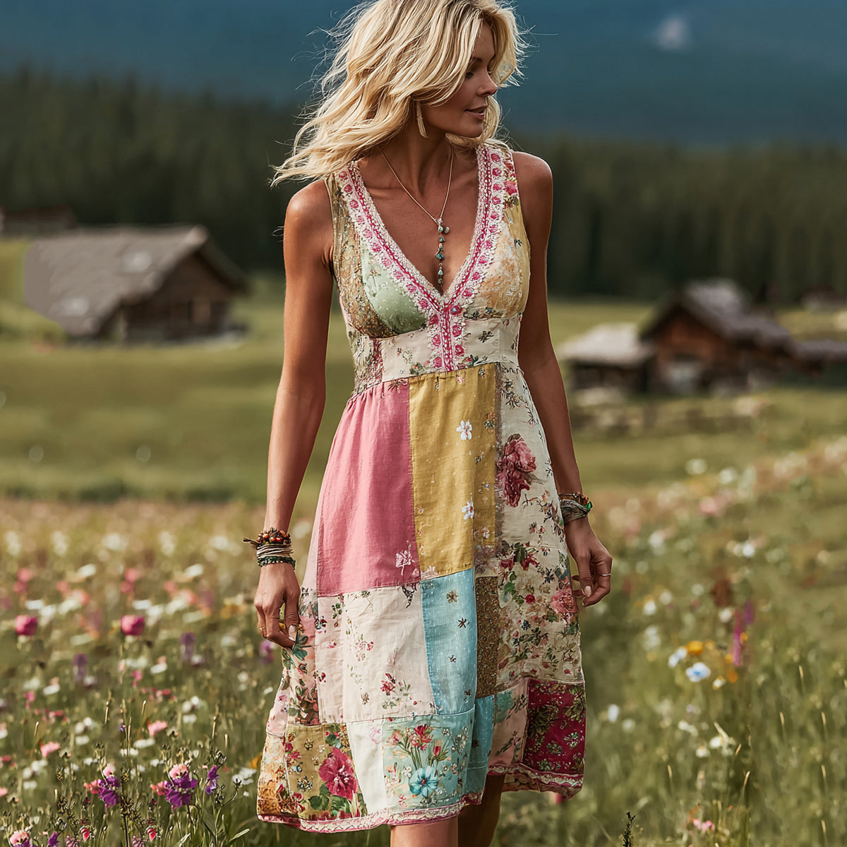 Women's Boho Floral Patch Art Comfy Midi Dress elevenforest