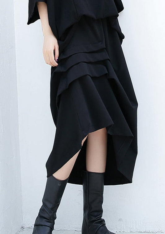 Black Cotton Blended Skirts Loose One Side Drawstring Elastic Waist Aline Skirts