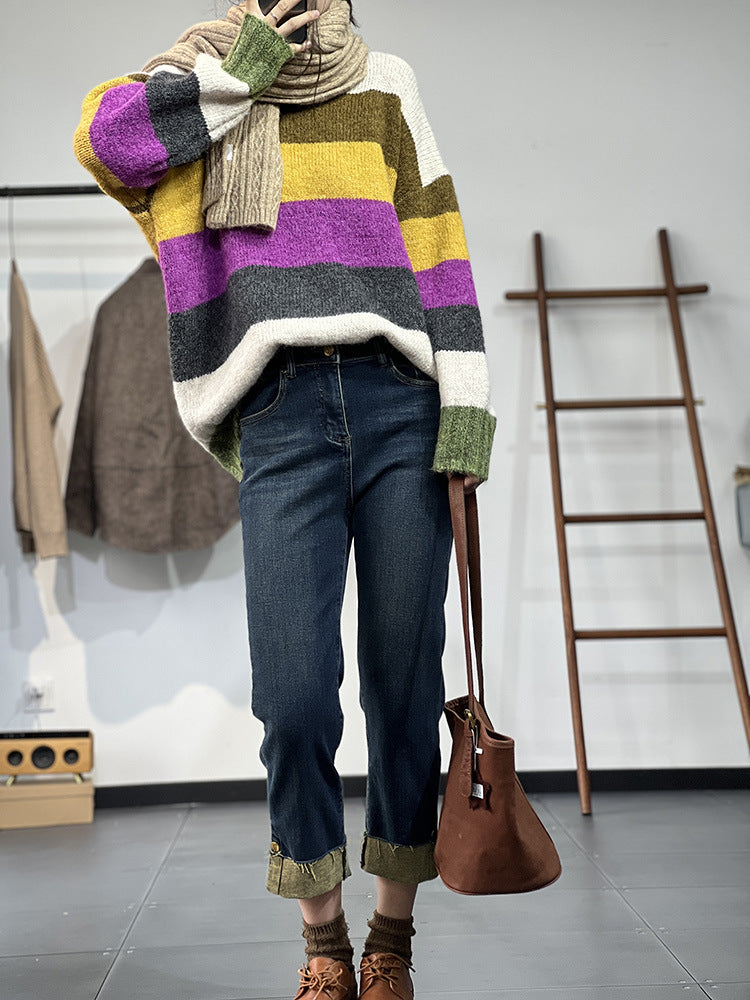 Rainbow Striped Knit Insulated Crewneck Sweater