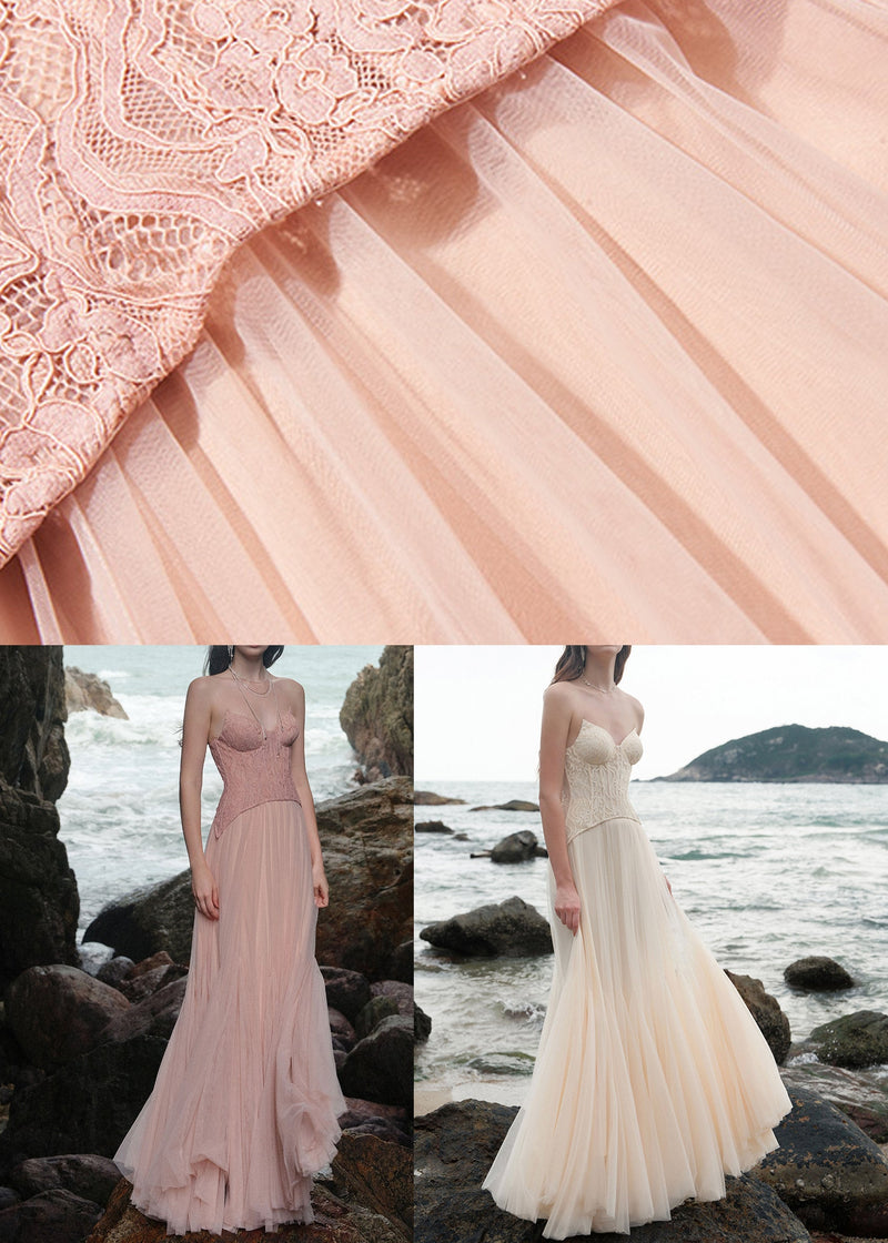 Beige Cold Shoulder Lace Patchwork Tulle Party Dress Sleeveless