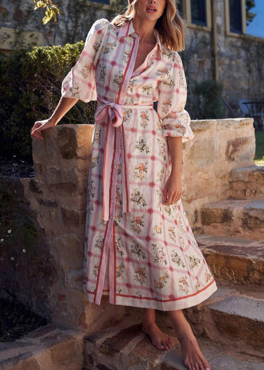 Peter Pan Collar Print Lace Up Cotton Maxi Dresses Summer