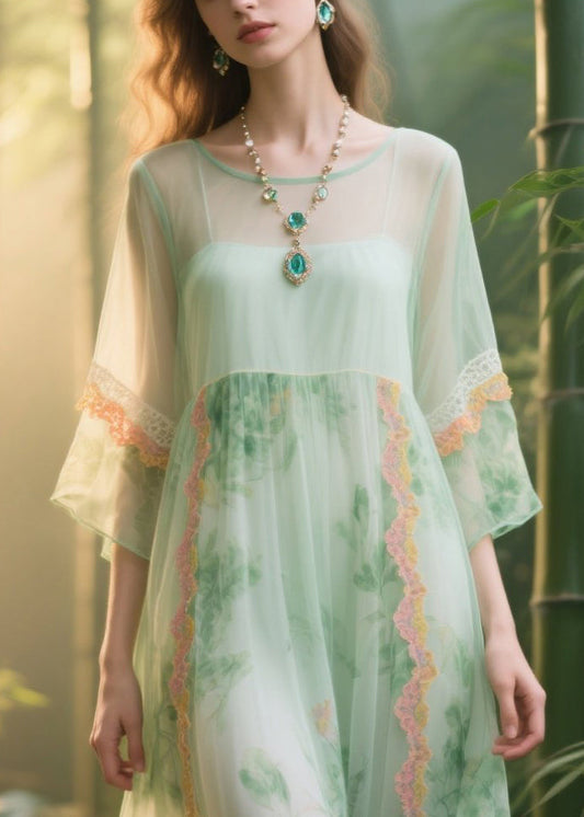 Italian Light Green Print Patchwork Lace Tulle Dress Summer