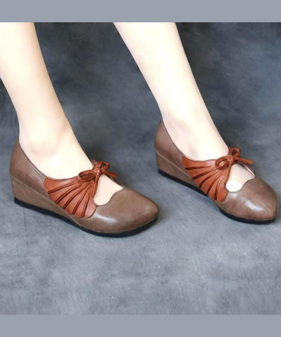 Brown Comfortable Cowhide Leather High Wedge Heels Shoes