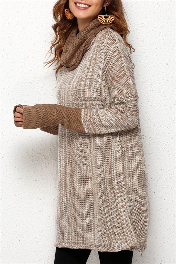 Spliced Turtleneck Loose Pullover Sweater - Black
