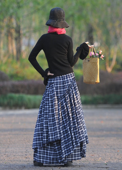 Navy Wrinkled Asymmetrical Plaid Cotton Skirts Spring