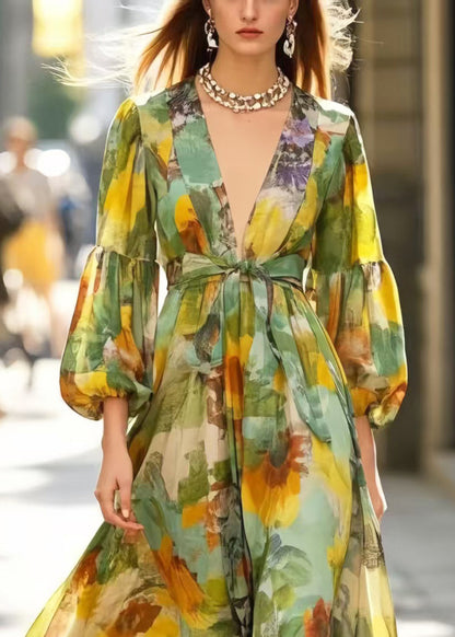 Silm Fit Grass Green V Neck Print Cotton Maxi Dresses Spring