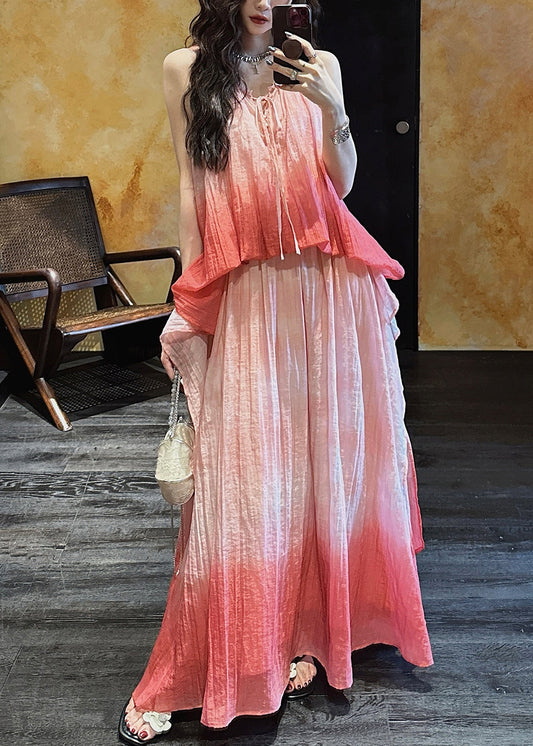 Pink Gradient Color Ruffled Linen Silk Long Dress Sleeveless