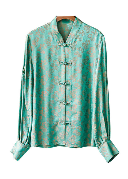 Peacock Green Mandarin Collar Button Jacquard Shirt Tops Long Sleeve