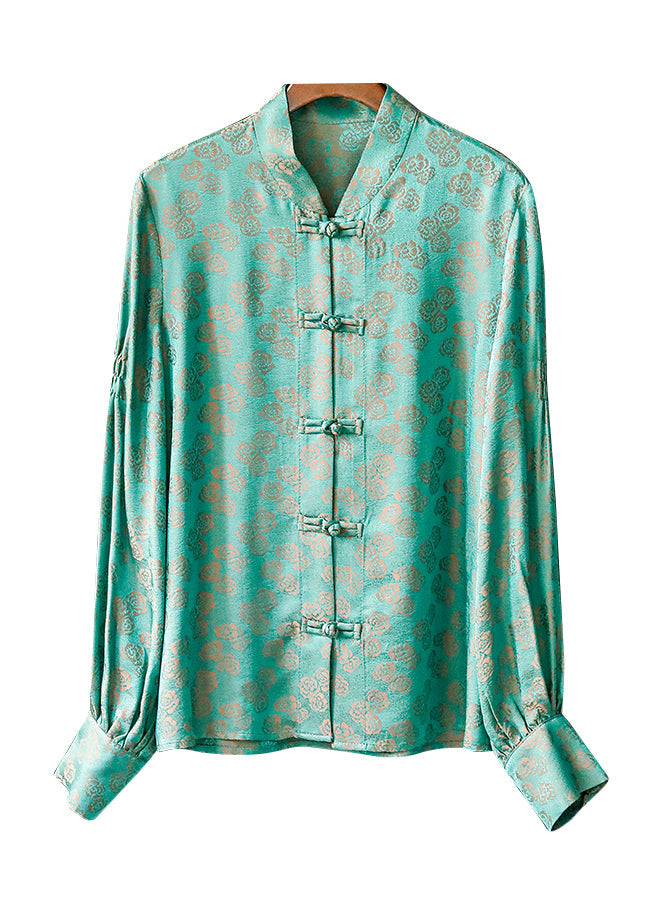 Peacock Green Mandarin Collar Button Jacquard Shirt Tops Long Sleeve