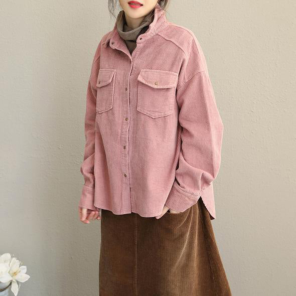 Pink and Gray Fall Loose Corduroy Short Coat for
