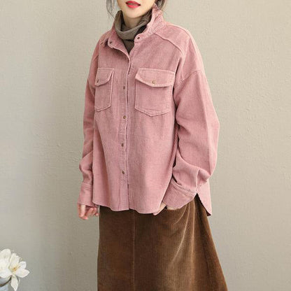 Pink and Gray Fall Loose Corduroy Short Coat for