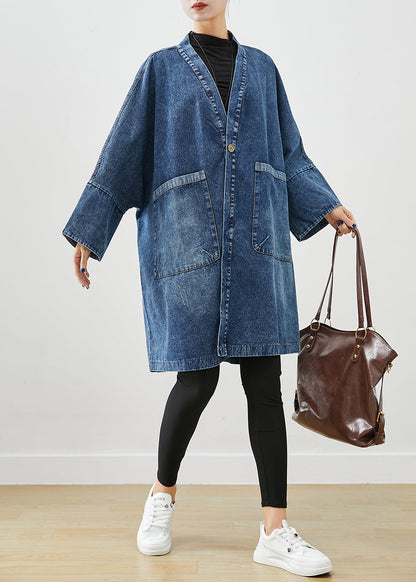 Blue Oversized Pockets Denim Trench Coats Batwing Sleeve
