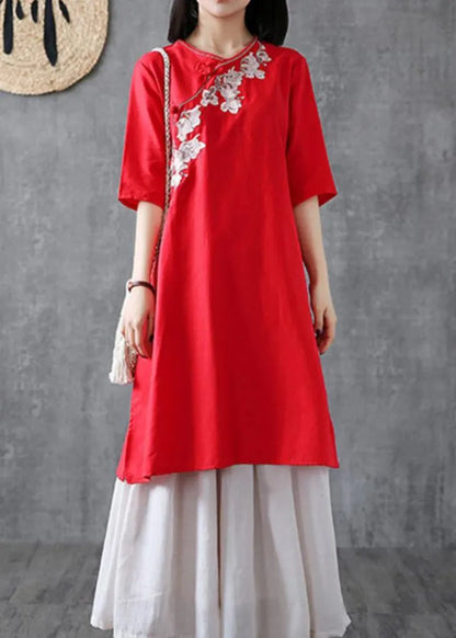 Red Cotton Dresses Embroidery Chinese Button Short Dress