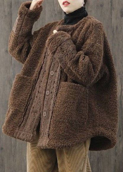 Khaki O-neck Button Fall Winter Thick Long Sleeve Coat