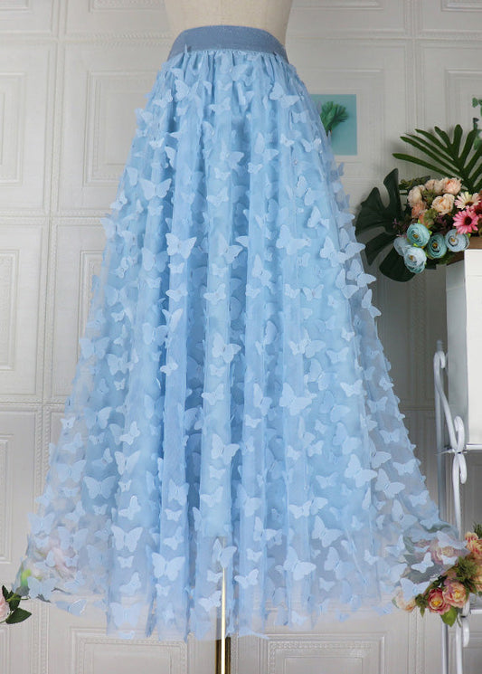 Blue Butterfly Embroideried High Waist Tulle Pleated Skirts Spring