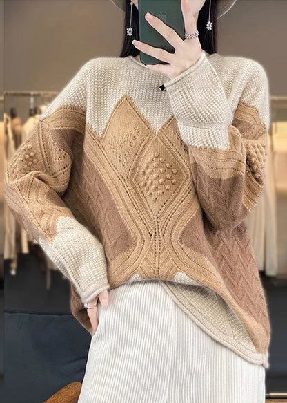 Camel Cozy Patchwork Woolen Knit Pullover Sweaters Spring