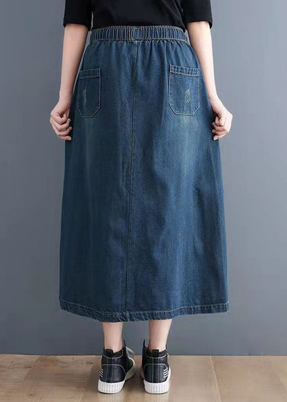 Art Navy Embroideried Hole Cozy Denim Skirt