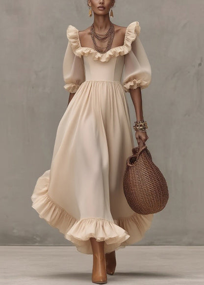 Apricot Square Collar Wrinkled Long Dress Half Sleeve